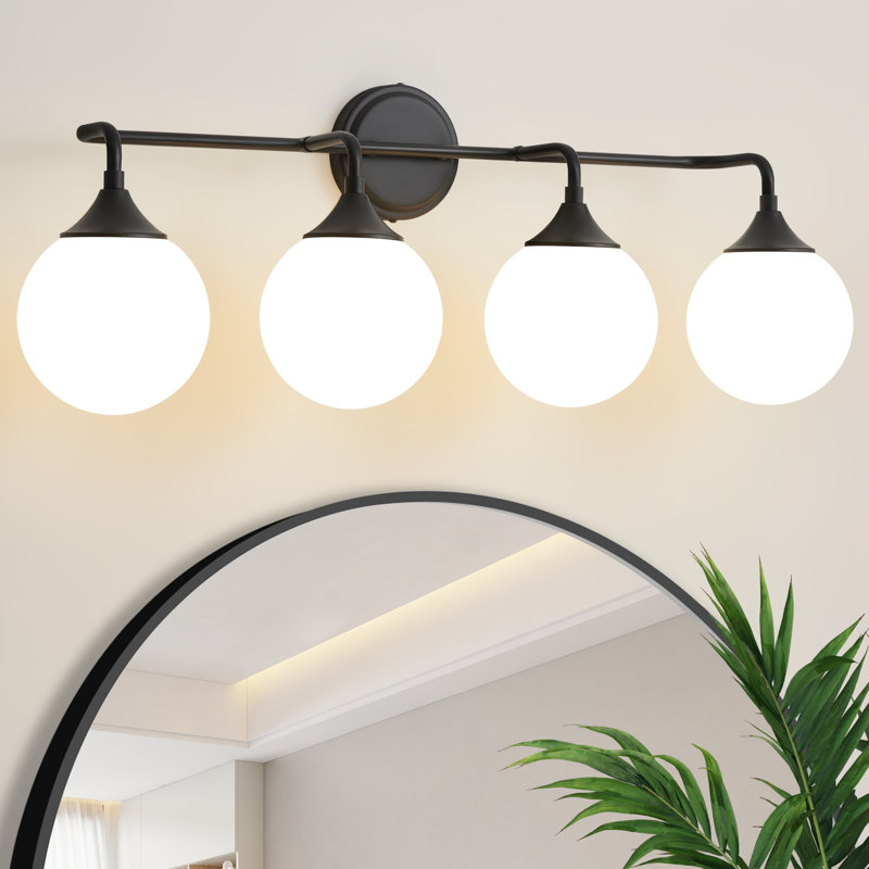 Romale Dimmable Bathroom Vanity Light with Milk Opal Glass Globe Shade, 4, Matte Black