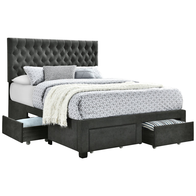 Lit double avec rangement en tissu d'ameublement gris, tête de lit à boutons, tiroirs pour la literie, ensemble de lit à lattes avec tête de lit et quatre tiroirs intégrés, tissu, fabrication en bois massif, support de matelas inclus