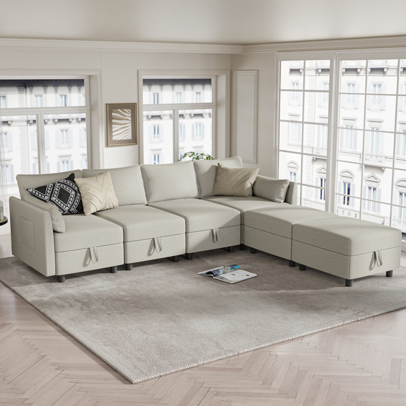 Canapé modulaire rembourré 6 pièces avec rangement sous le siège 6 pièces, Mélange de polyester blanc cassé