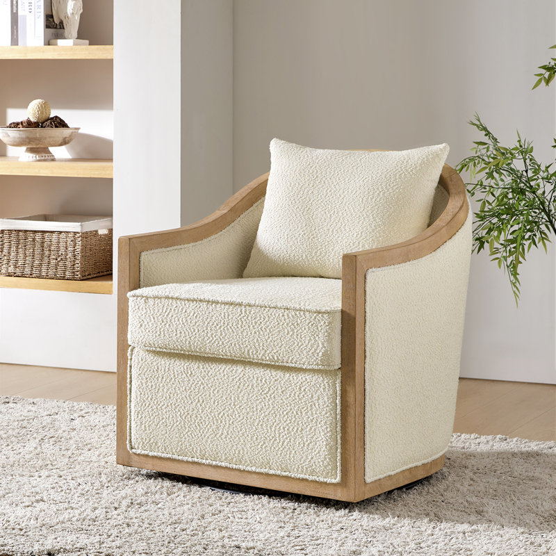 Manja Jess Farmhouse Edging Swivel Barrel Chair with Toss Pillows, Ivory Polyester
