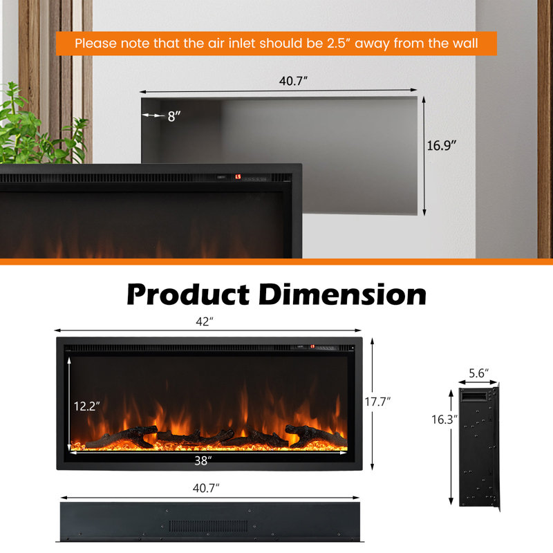 Foyer électrique encastrable Aalayiah, H 17,5 po x l 42 po x P 5,6 po