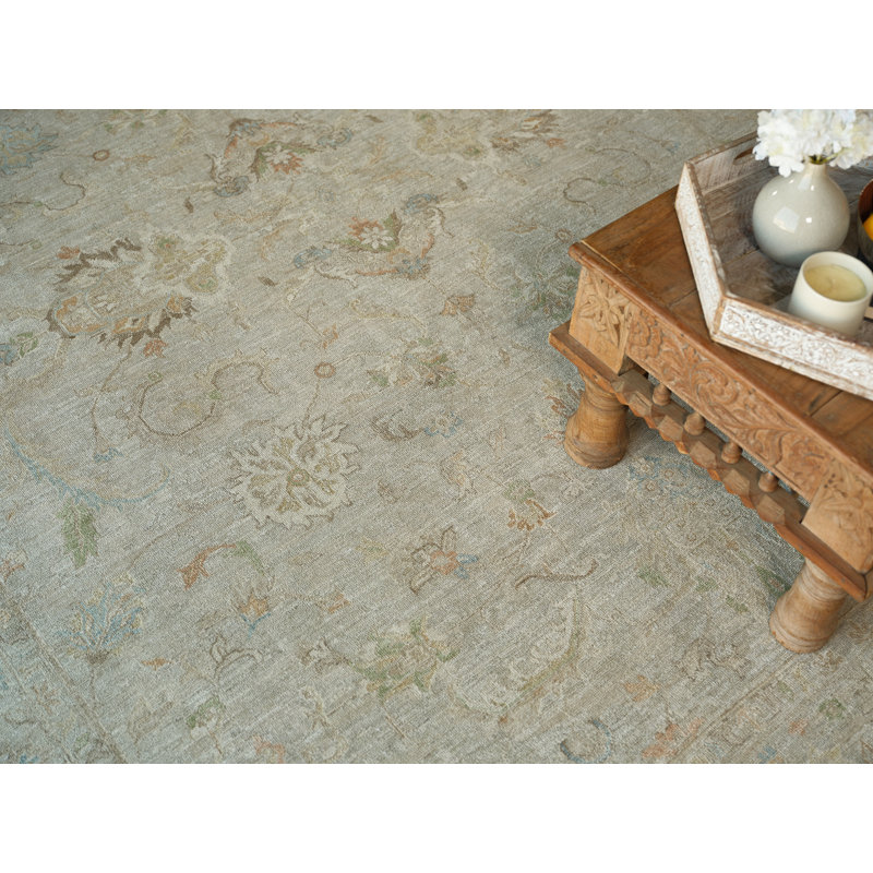 Santorini hand-knotted Wool/Silk Green Area Rug, Light Silver, Rectangle 9' x 12'