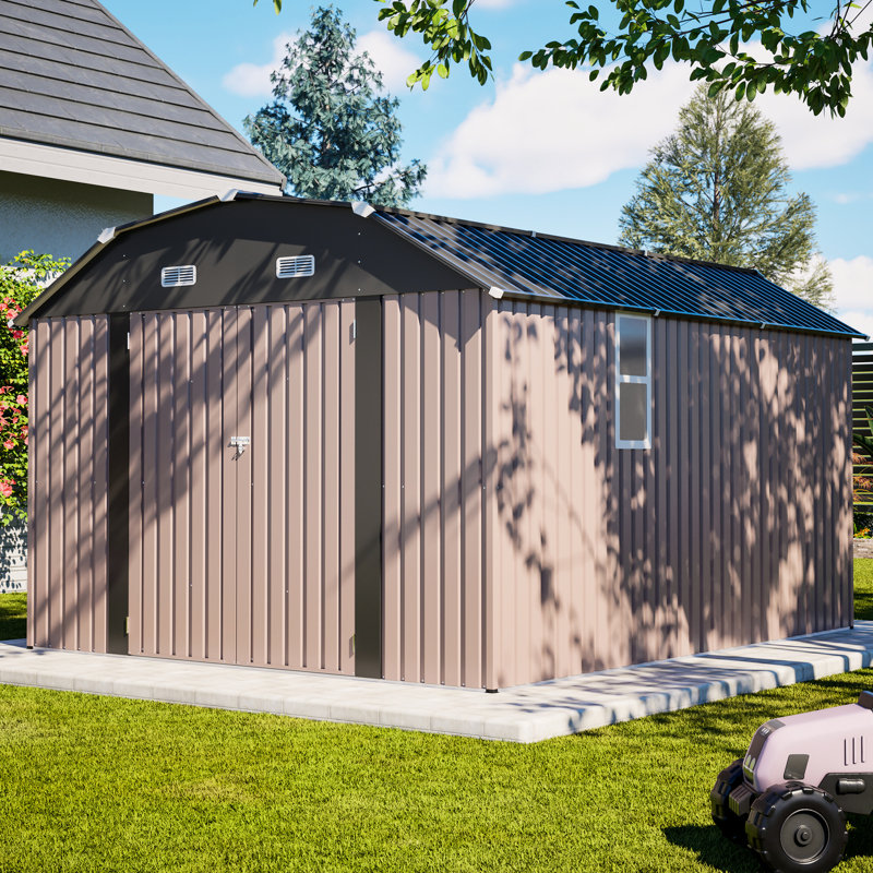 Remise de rangement extérieure en acier galvanisé brun de 1012 pi avec cadre de plancher pour une utilisation intensive, avec construction résistante aux intempéries, grande ouverture de porte, fenêtres transparentes, loquet et évents pour une chaleur efficace