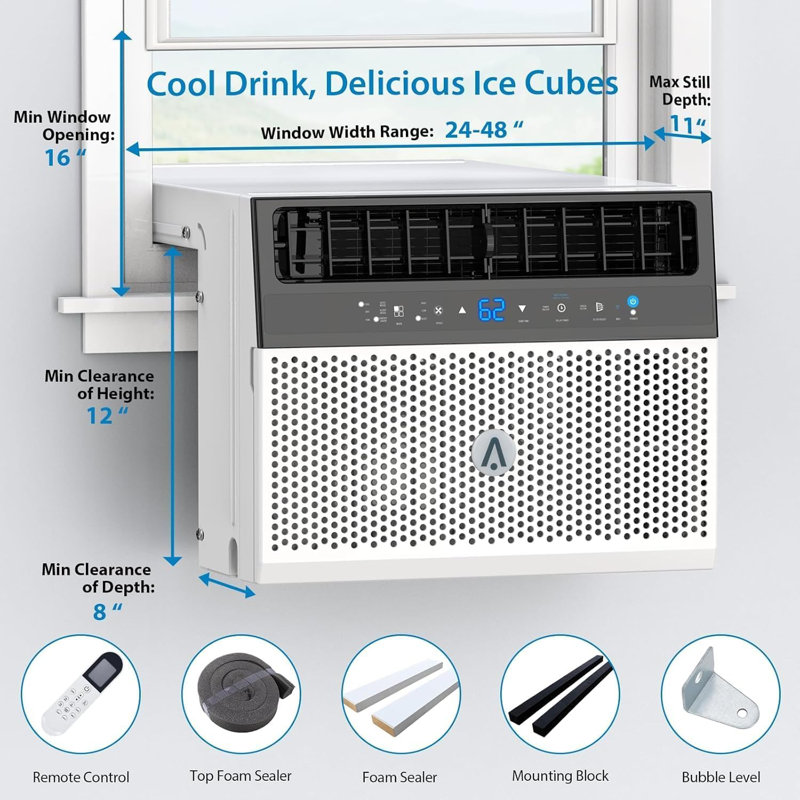 Climatiseur de fenêtre pour climatiseur de fenêtre 6000 BTU refroidissant jusqu'à 269 pieds carrés Contrôle Wi-Fi optionnel Ft 3 vitesses de ventilateur 115V / 60Hz