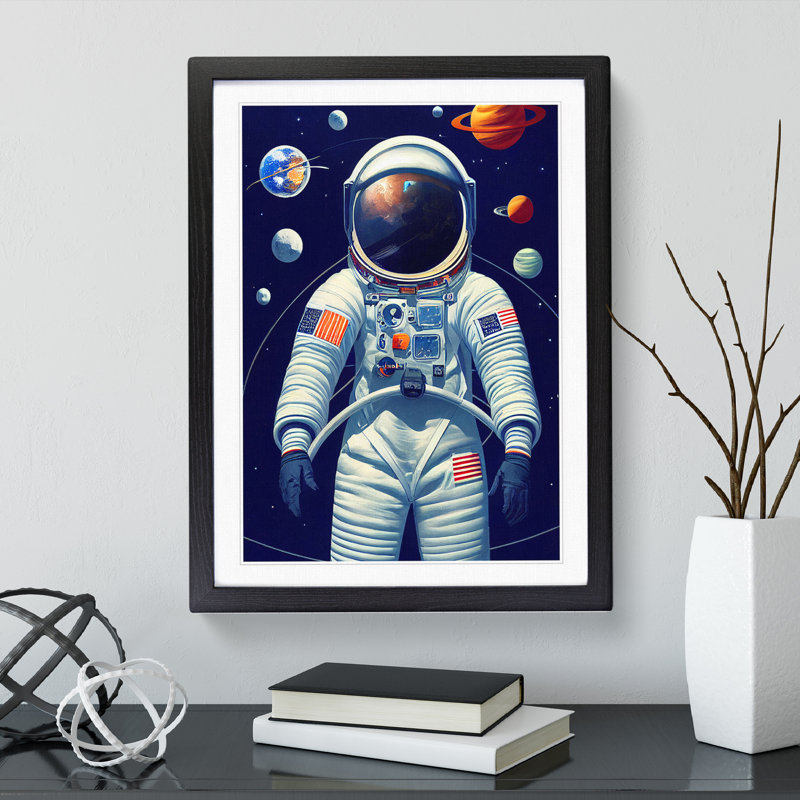 Astronaut With The Planets - Single Picture Frame Print, Black Framed, 64cm H x 46cm W x 2cm D