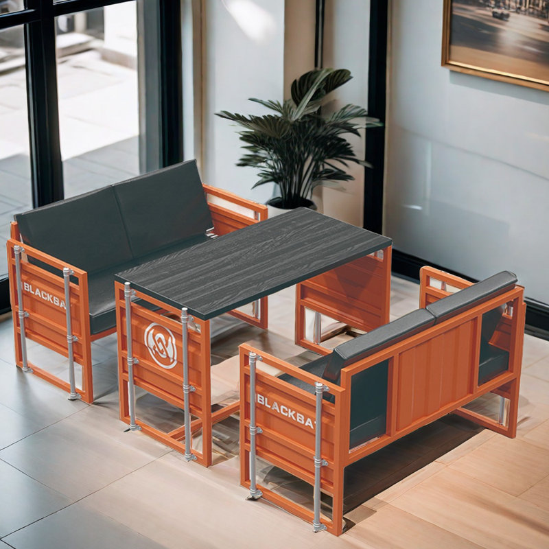 Kalan 4 - Person Solid Wood Solid Wood Top Trestle Dining Set, Orange, Black/Orange