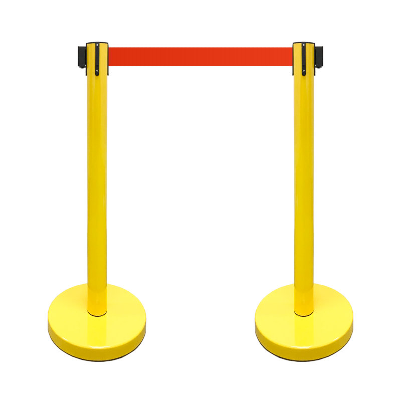 36" Retractable Belt Queue Safety Stanchion Barrier (2 Posts w/78" Red Belt), Yellow