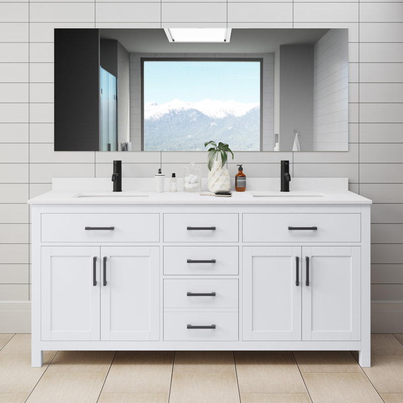 Beckett 72" Freestanding Double Bathroom Vanity with Cultured Marble Top, White, White Cultured Marble, Matte Black