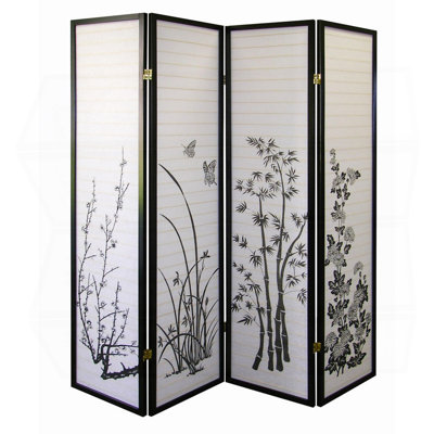 70" Tall 4-Panel Screen / Room Divider, Floral Design With Black Finish