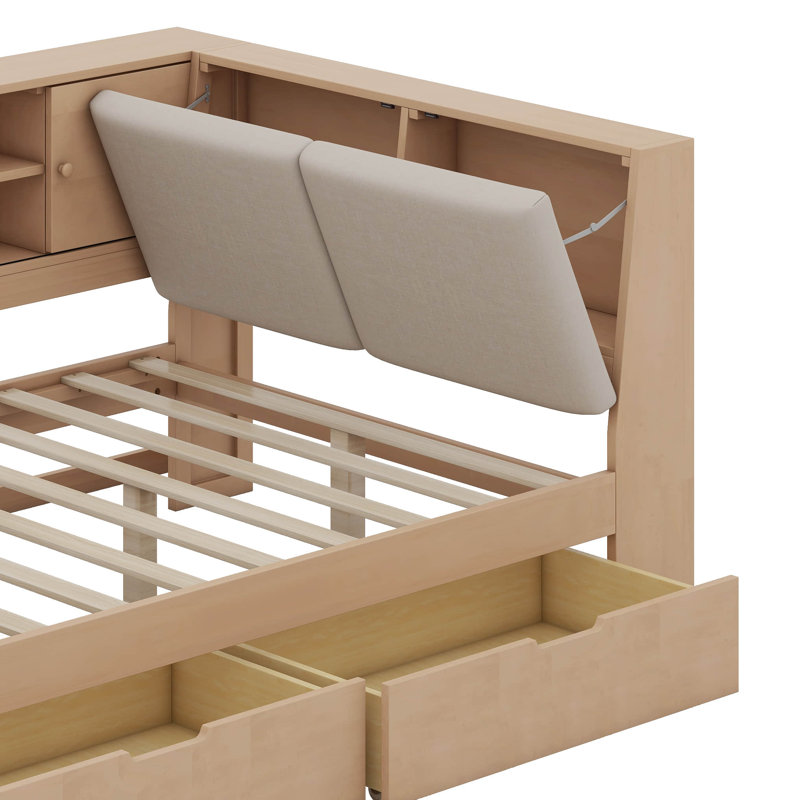 Full Size Corner Bed Frame With Storage Bookcase And Upholstered Headboard, Charging Station And Drawers, Natural, Full