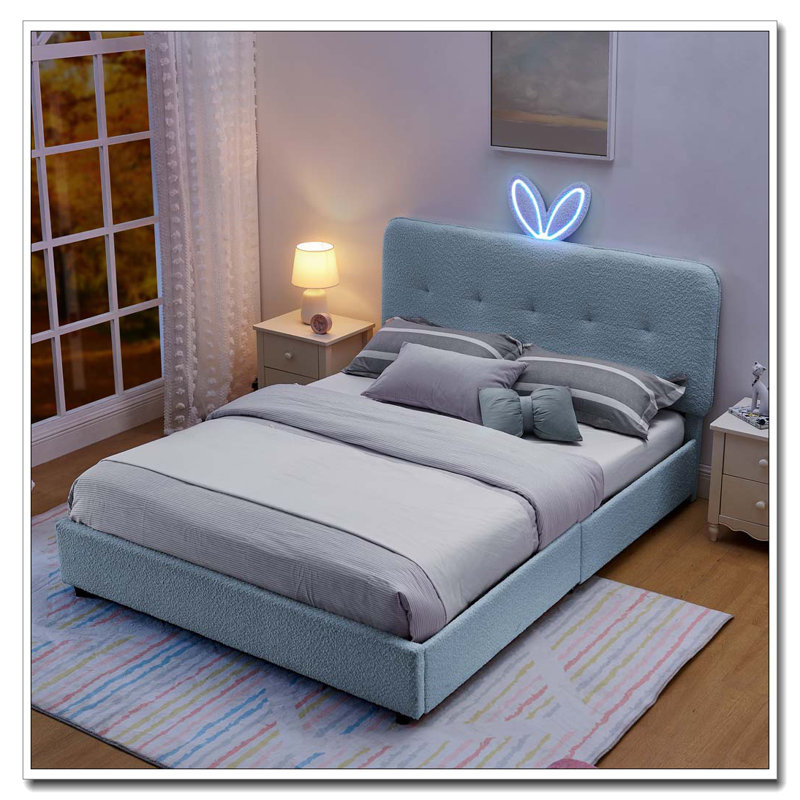 Lit tapissier avec tête de lit surdimensionnée, lumière DEL et 4 tiroirs de rangement, Grand lit, Beige