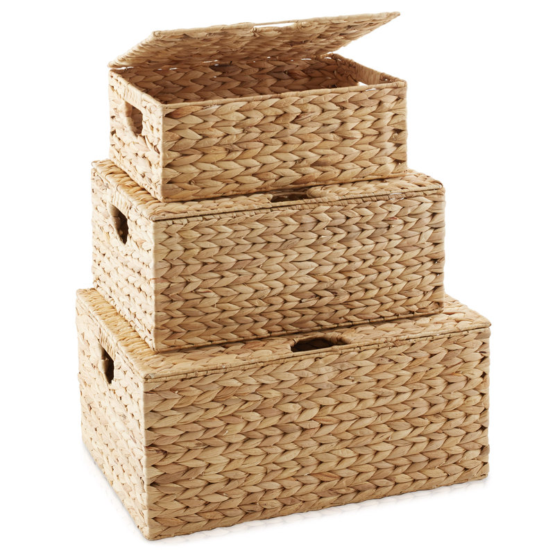 Water Hyacinth Rectangular Storage Baskets with Lids (Natural - Small/Medium/Large)