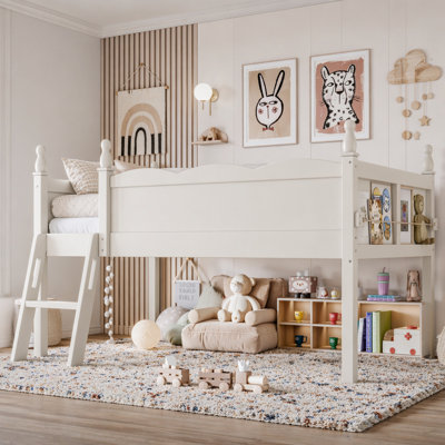 Twin Low Loft Bed with Guardrails, Ladder & Bookshelf