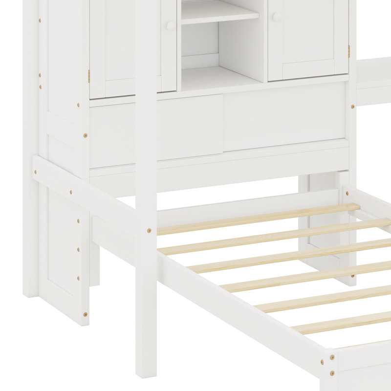 Lit mezzanine en bois massif avec bureau intégré, escalier, compartiments de rangement, Blanc