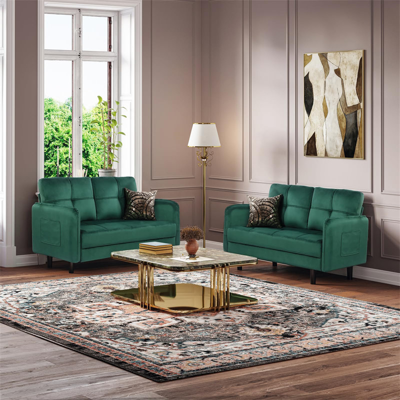 Aayushi 2 Seater Loveseat, Green Velvet