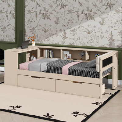 Twin Size Platform Bed Comes With Shelves, Drawers, Charging Port, And Headboard Covered In Fabric