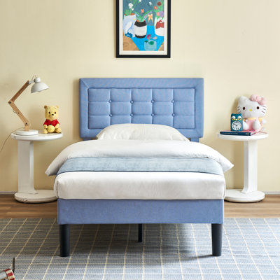 Kempst Twin Size Bed Frame, Upholstered Twin Platform Bedframe with Height Adjustable Tufted Headboard, Heavy Duty Mattress Foundation with Wooden Slats, No Box Spring Needed, Under Bed Storage