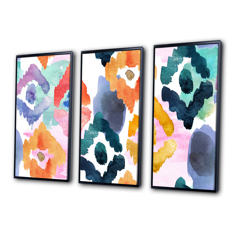 Ornement orange, bleu et vert - ensemble d'art mural moderne sur toile encadrée moderne de 3, Cadre noir
