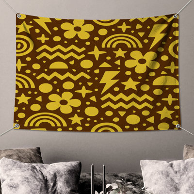 Tapisserie murale jaune à motif géométrique brun - Décoration murale géométrique