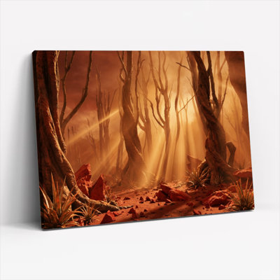 Ensemble de 1 tableau sur toile tendue représentant un coucher de soleil dans une forêt désertique