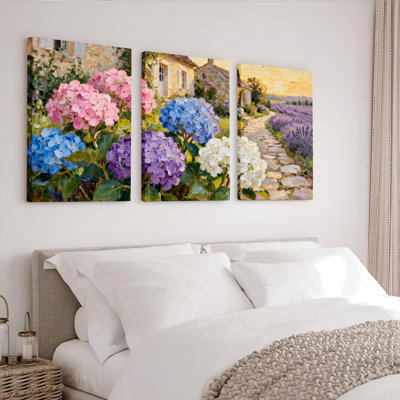 Hortensia et lavande, peinture à l'huile sur toile tendue sur toile, ensemble de 3 pièces pour salon, chambre à coucher, décoration intérieure