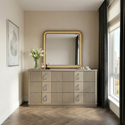 Modern Luxury Bedroom Furniture Six Drawers Dresser Light Brown Finish Fluted Wood Details 1pc