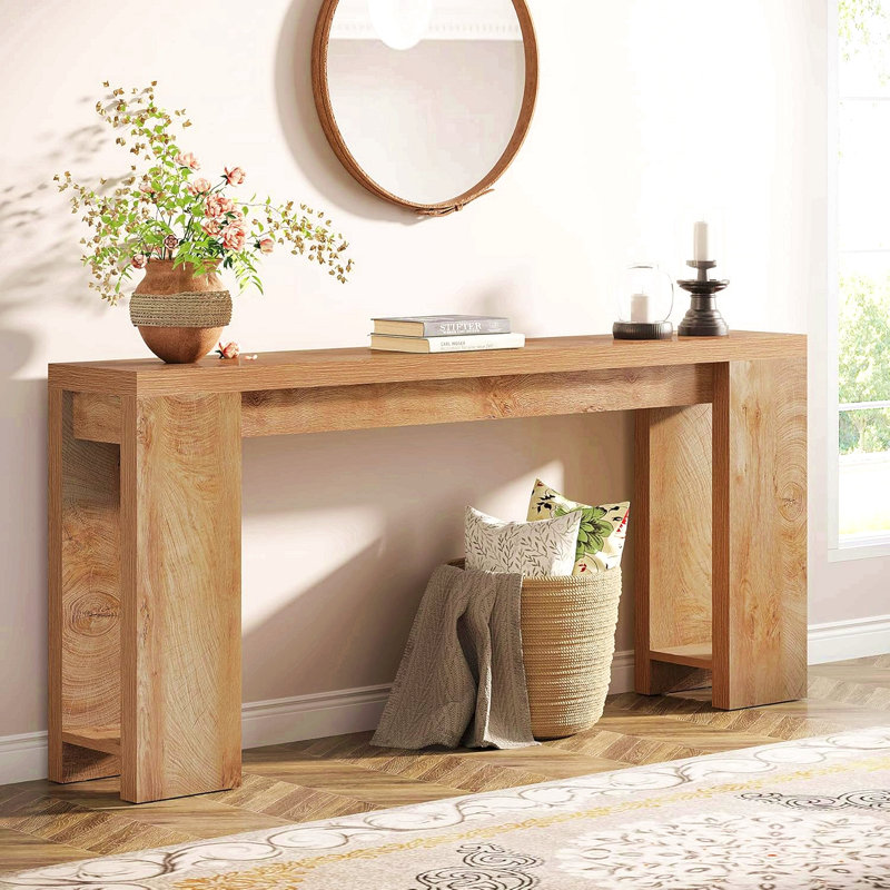 70.9" Extra Long Farmhouse Console Table – Narrow Wood Entryway Sofa Table Behind Couch, Light Oak