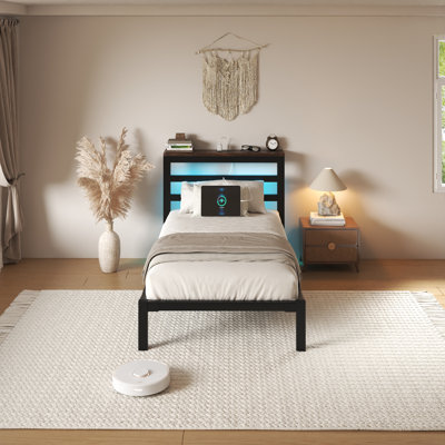 Twin Metal Platform Bed with Storage Headboard, Charging Station, LED Light, Easy Assembly, Black