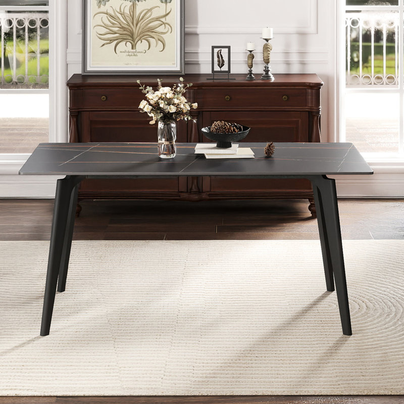 Table de salle à manger 62,49 "rectangulaire moderne, surface en pierre frittée, pieds en métal noir, chaleur, plateau facile à nettoyer, peut accueillir de 6 à 8 personnes, résistance aux rayures et à la preuve