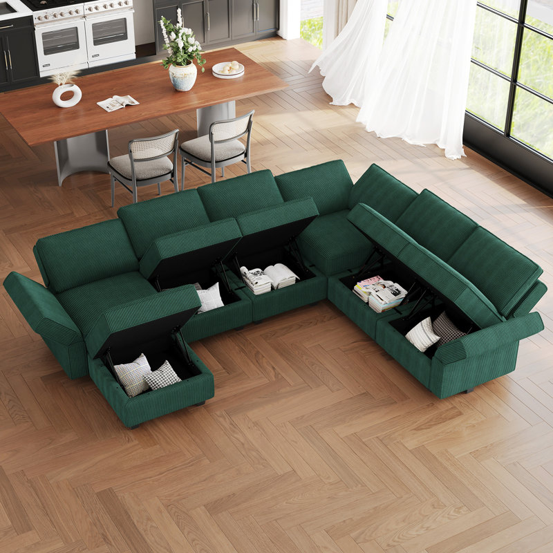 Nairoby Modular Corduroy Sectional with Storage , Green Corduroy