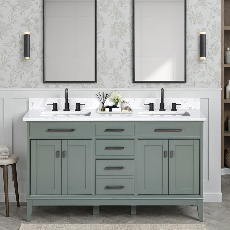 Anglet 60" Double Bathroom Vanity with Top, Cala White, Smoke Green