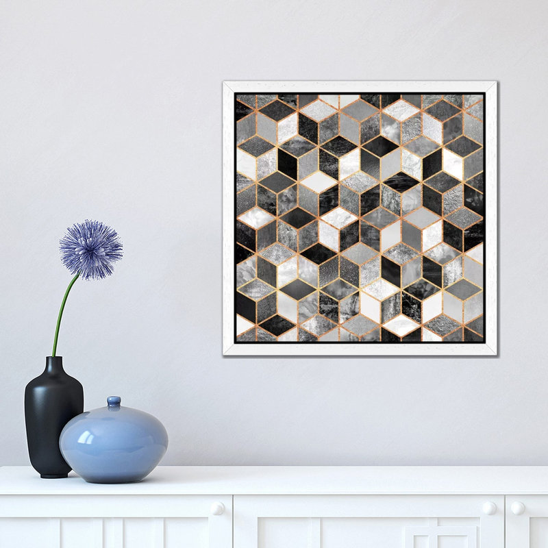 Black And White Cubes by Elisabeth Fredriksson - Print on Canvas, White Framed, 66.04 cm H x 66.04 cm W