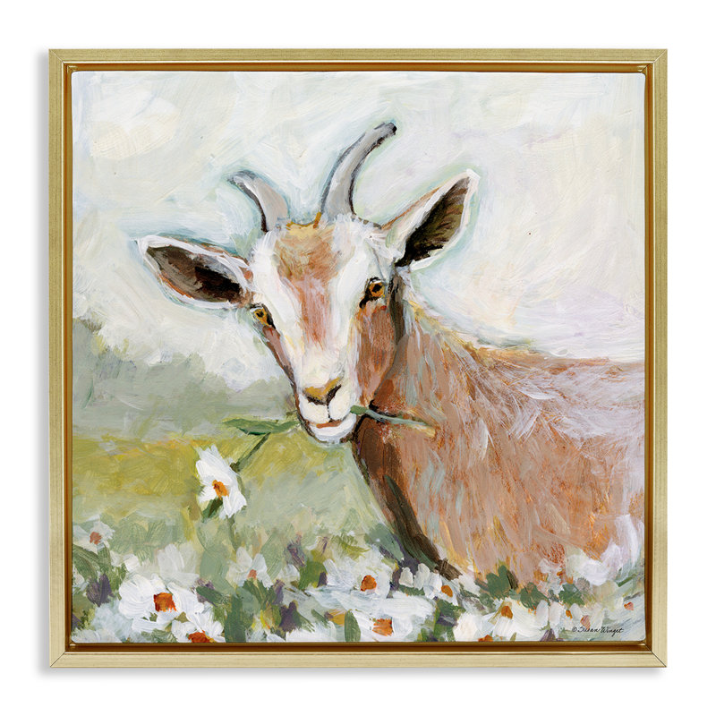 "Pastorale chèvre et marguerite", art mural par Susan Winget, H 18 po x l 18 po, Cadre flottant métallique doré