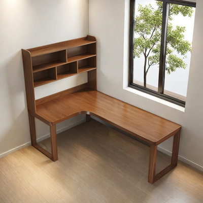 Solid Wood L-Shaped Desk with Integrated Bookshelf