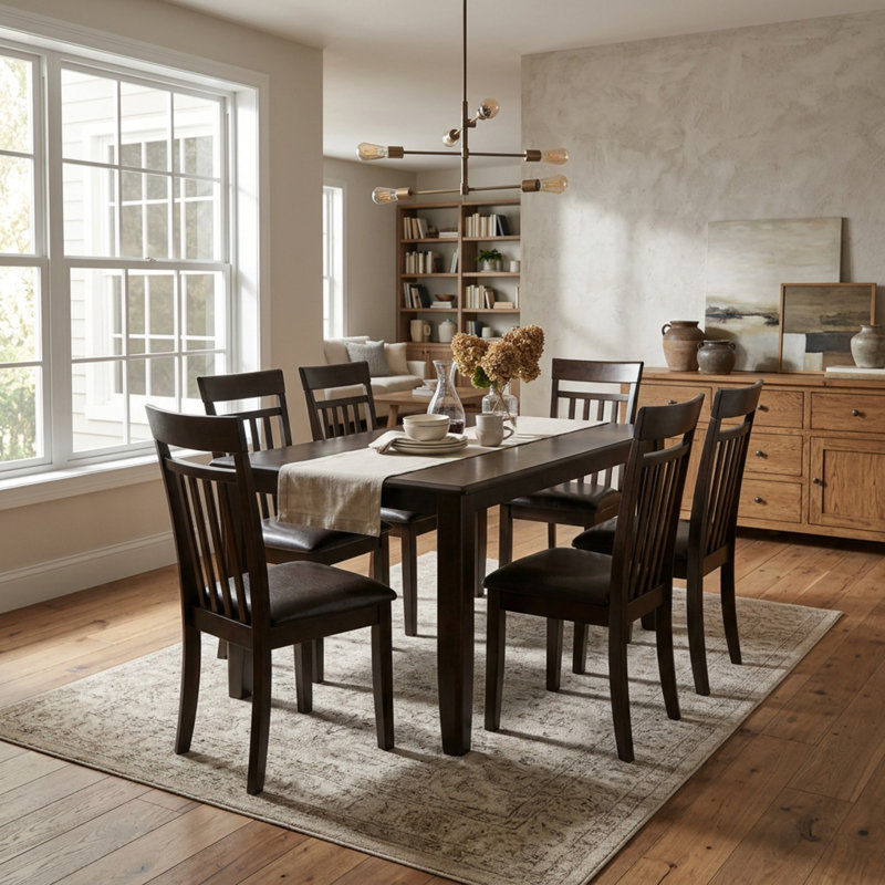Ensemble table et chaises carrées en bois d'hévéa asiatique couleur cappuccino avec rallonge papillon et sièges en similicuir