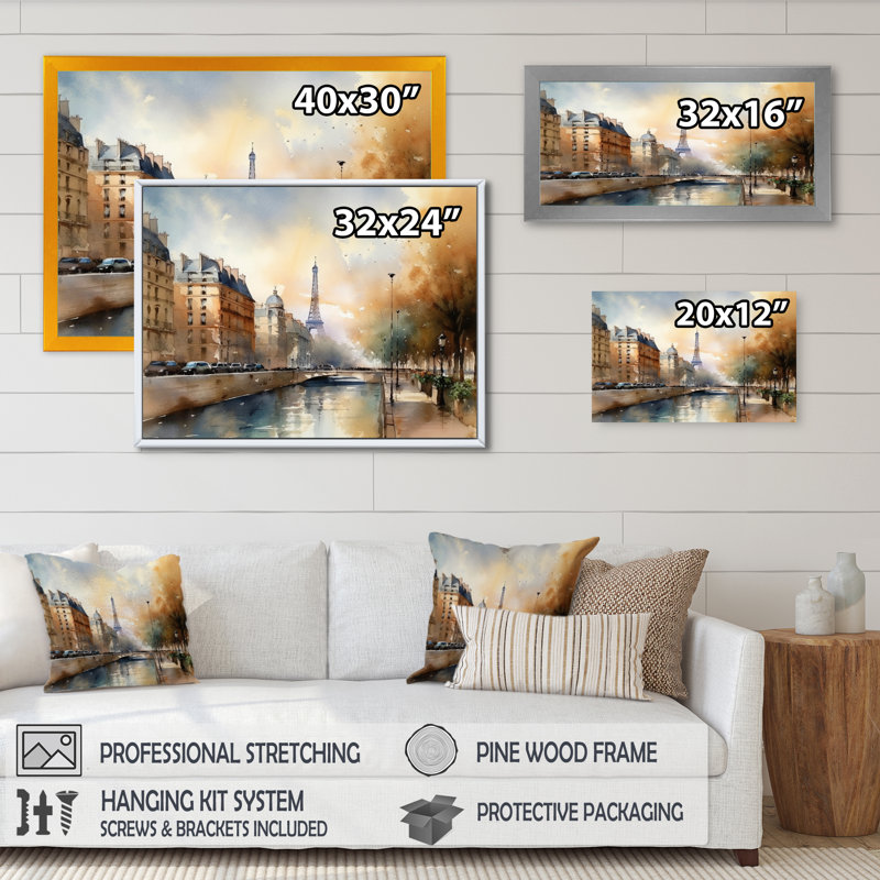 «Beautiful Pastel Paris Scenery», art mural sur toile Paris, Cadre noir, H 12 po x l 20 po x P 1 po