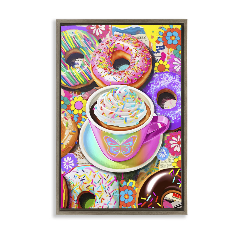 Toile flottante pastel avec beignets et tasses à café par Jess Stempel, H 31 po x l 21 po, Cadre flottant orme Montalcino