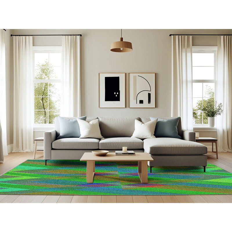 Tapis décoratif vert géométrique, Rectangle 6 pi x 9 pi