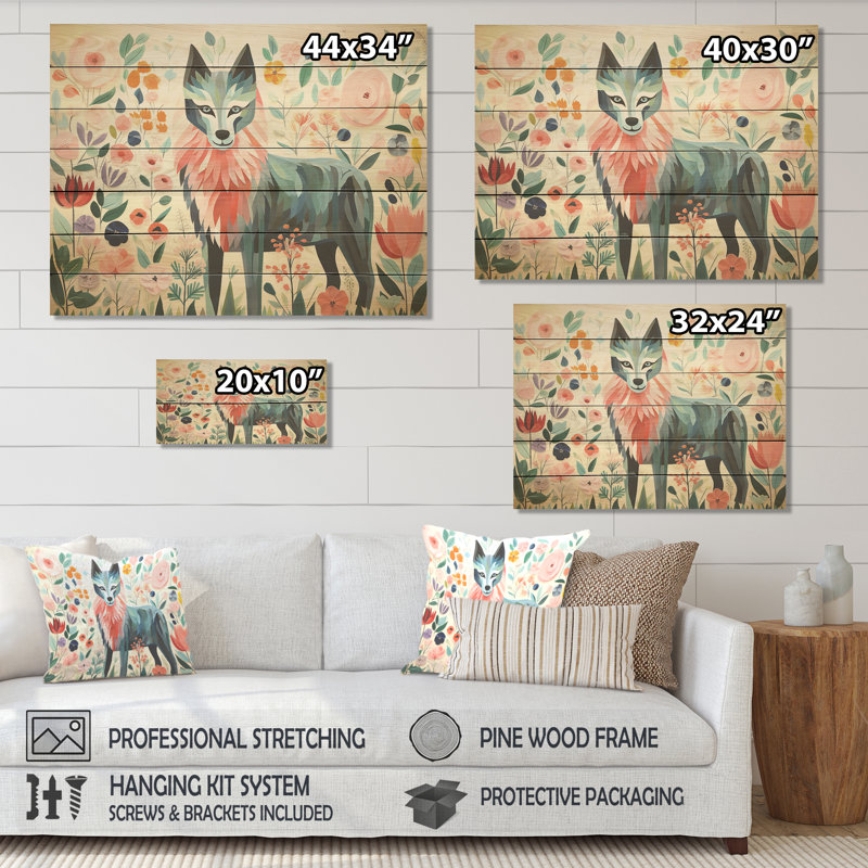 Portrait de loup bohème rose et vert VI - loup sur bois, H 30 po x l 40 po