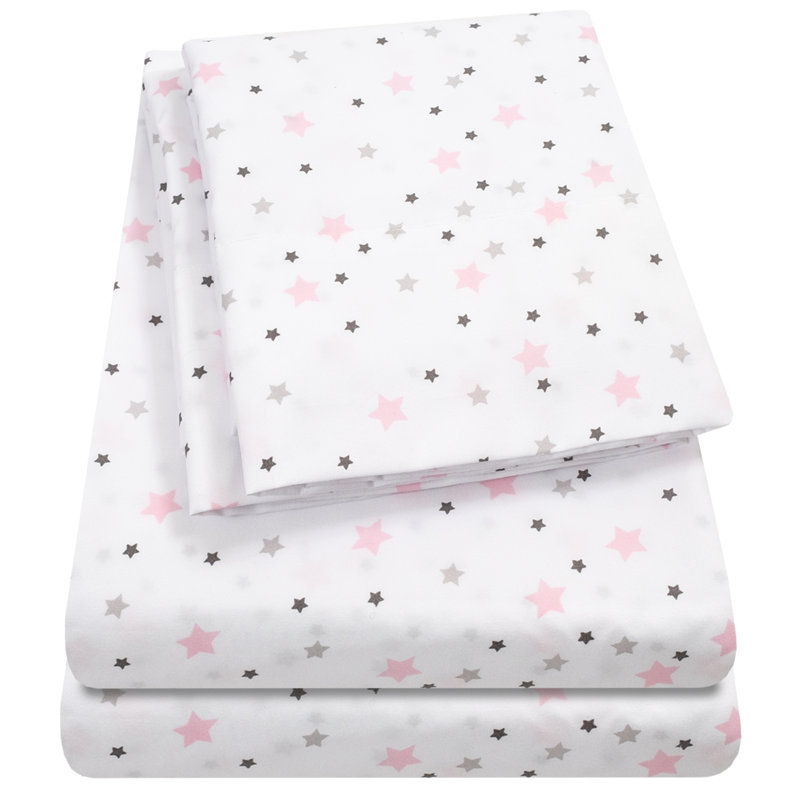White and Pink Stars Microfiber Kids' Full Sheet Set