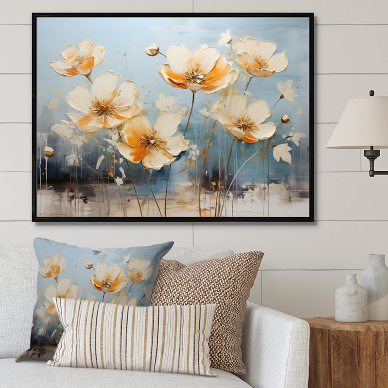 " Teal Buttercups Romantic Impression ", Black Floater Framed, 34" H x 44" W x 1.5" D