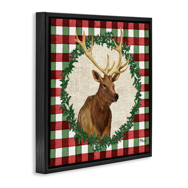  «Plaid Holiday Elk» par Paul Brent, H 25 po x l 25 po, Cadre flottant noir de jais