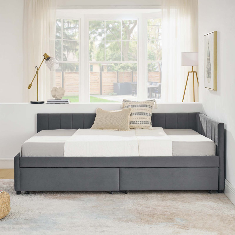 Full Size Upholstered Tufted Bed Frame With Two Drawers, Sofa Bed Frame With Comfortable Backrest And Armrests, Velvet, Gray