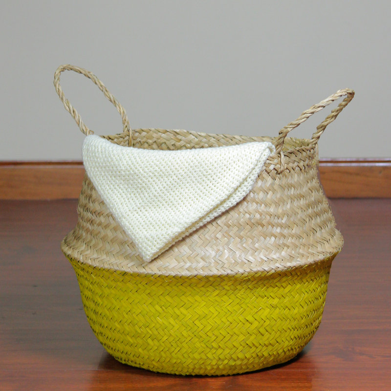 Beige and Yellow Seagrass Belly Basket with Handles