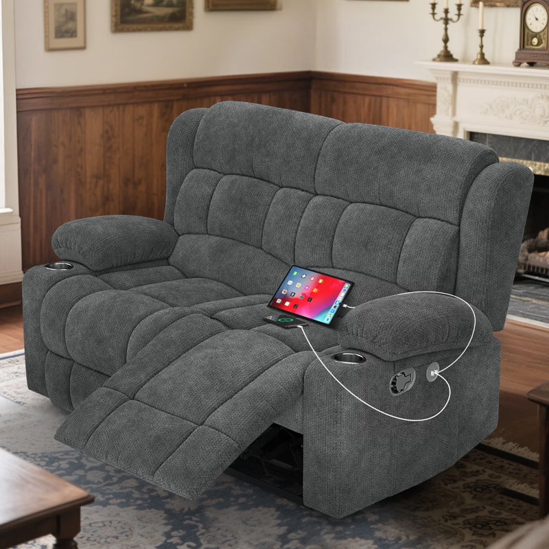 Loveseat Recliner Sofa For Adults, Fabric Manual Pull Tab Reclining Chair With Cup Holders, Minimalist Style Recliner 2 Seater Couches For Living Room, Rv