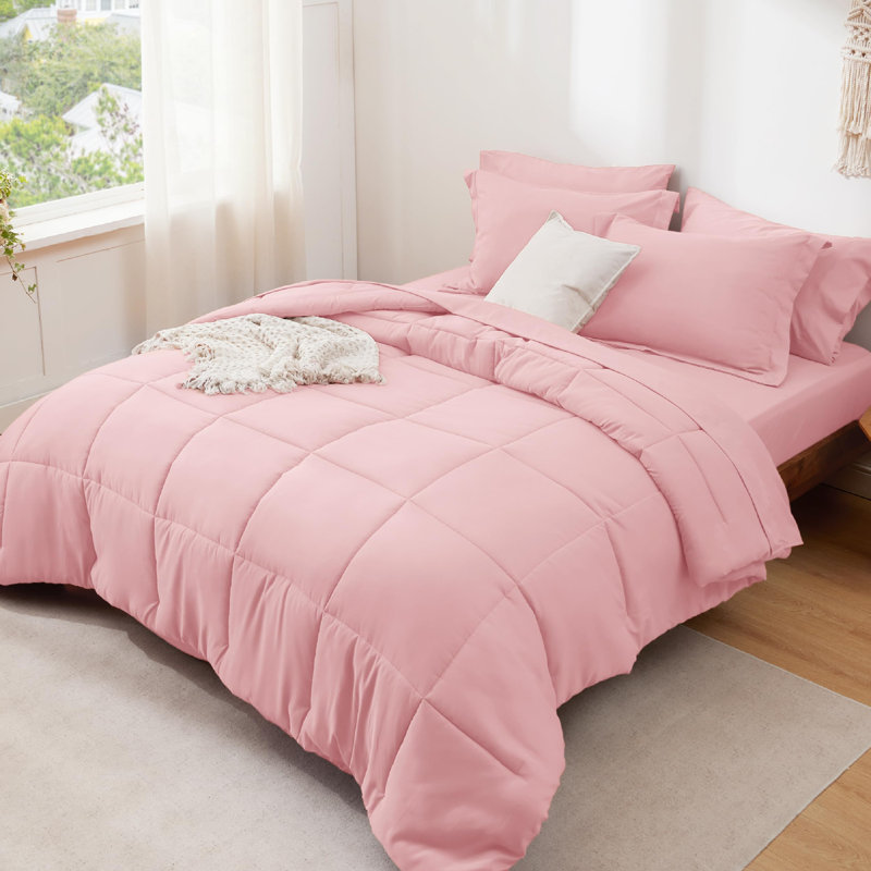 Bedsure Quilted Design Comforter Set, Pink, Queen Comforter + 6 Additional Pieces
