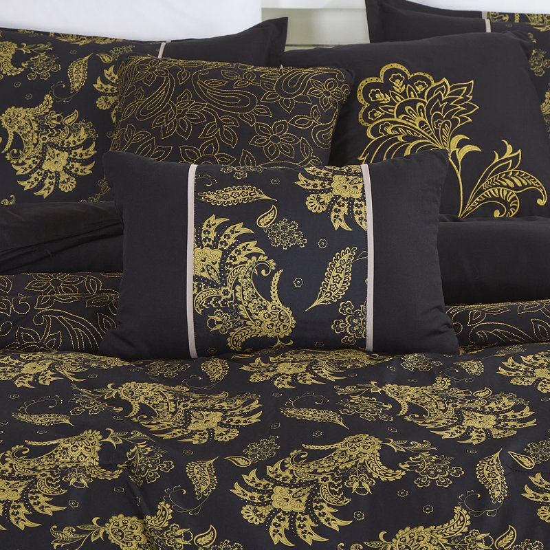 7 Piece Patchwork Brushed Microfiber Plain Weave Comforter Bedding Set, Black, Queen Comforter + 6 Additional Pieces