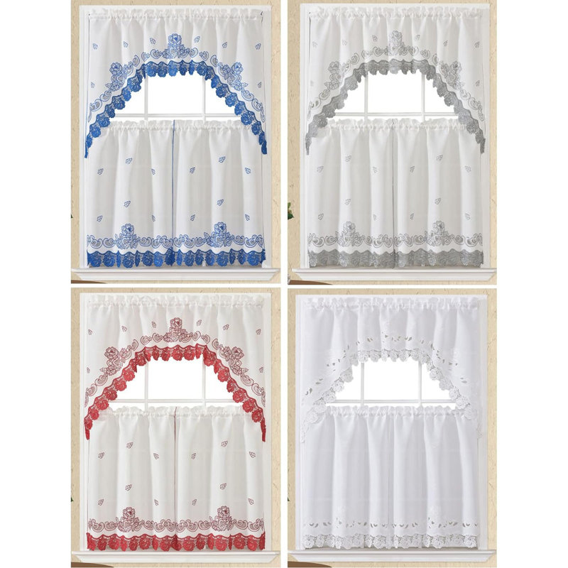 Lace Rosarium Elegant Kitchen Curtains Set - 3PCS Romantic White Window Valances With Delicate Rose Embroidery & Charming Lace Trim, Timeless Floral Design Adored By Families， Grey