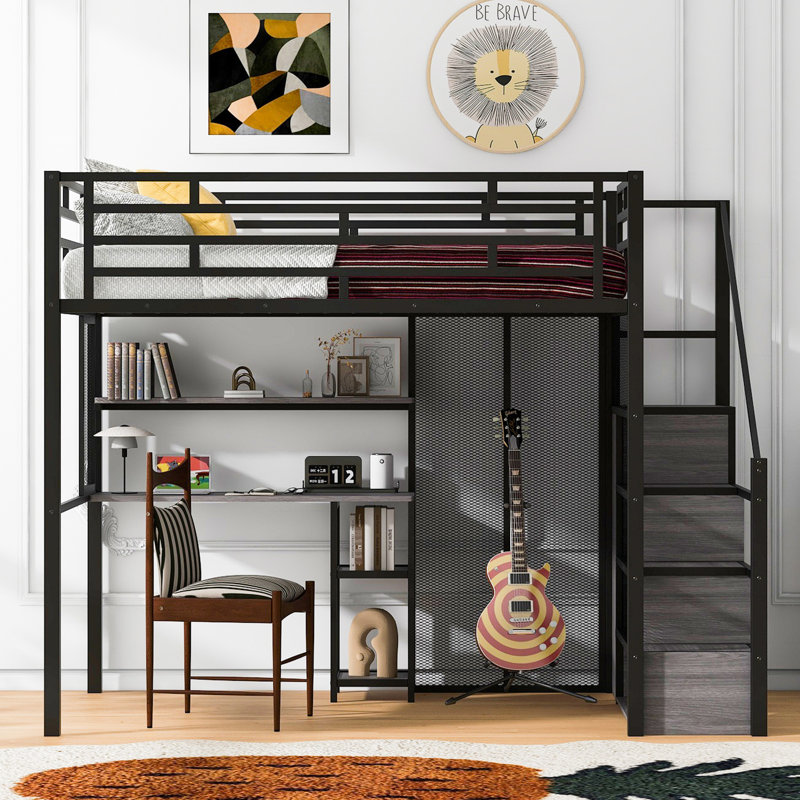 Lit mezzanine en métal noir avec bureau pour l'utilisateur, garde-robe et tablettes de rangement, Noir