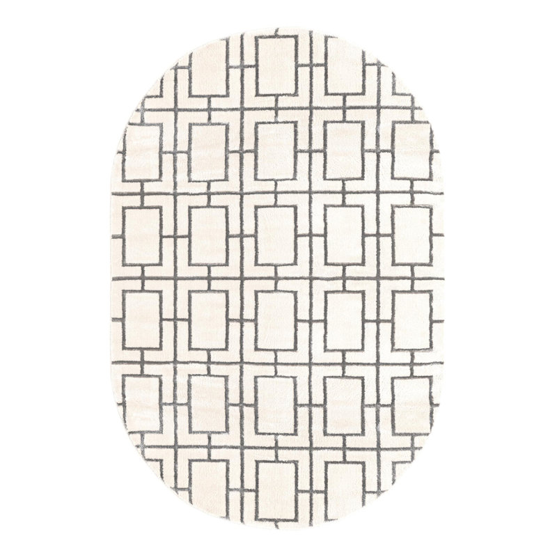 Glam Geometric White Silver Area Rug, Oval 5'3" x 8'